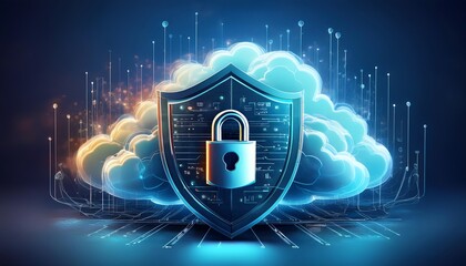 A digital shield with a padlock over a cloud background symbolizes cybersecurity and data protection in the cloud.