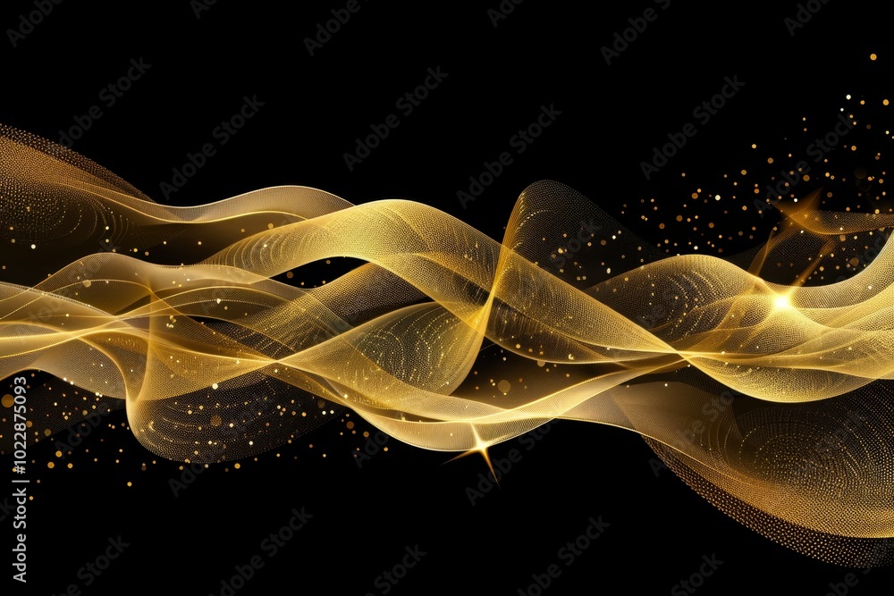 Poster golden light waves swirl elegantly against a stark black background, creating an enchanting display 