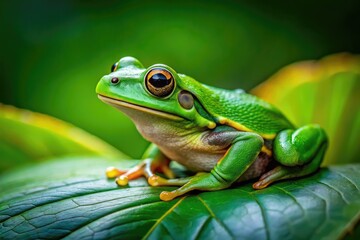 Vibrant Green Frog Sitting on a Leaf in Natural Habitat Captured in Stunning Detail and Clarity