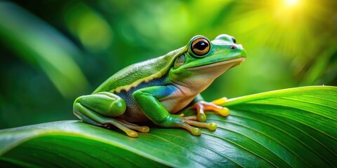 Naklejka premium Vibrant Green Frog Sitting on a Leaf in a Lush Garden Surrounded by Nature's Beauty and Tranquility