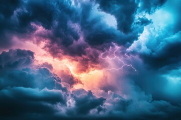 Dramatic dark storm clouds gather above the horizon with flashes of lightning at sunset