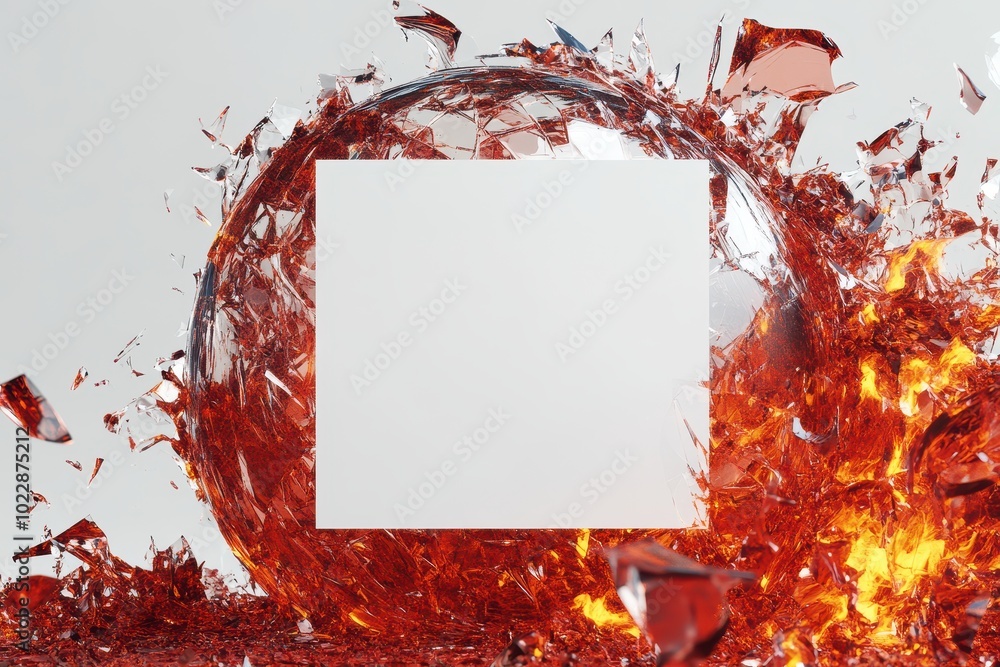 Poster a red ball is exploding in a white background