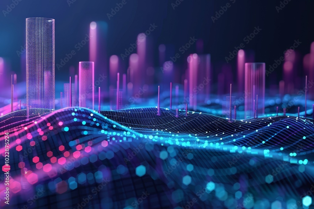 Poster a mesmerizing landscape features glowing waves and vertical structures illuminated in blue and pink,