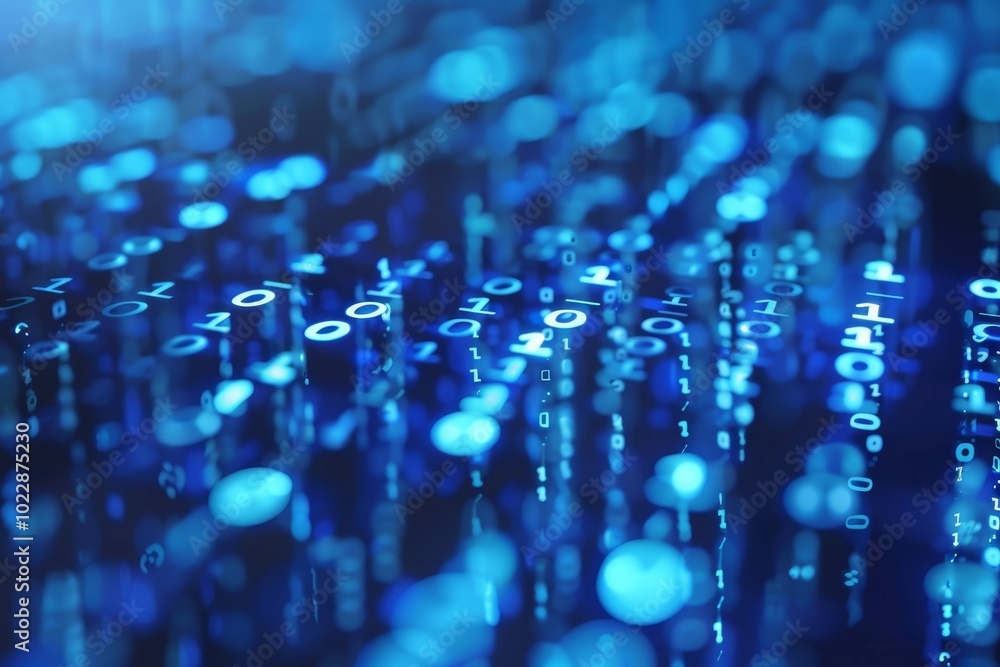 Poster binary code cascades in various shades of blue, creating a dynamic and immersive representation of d