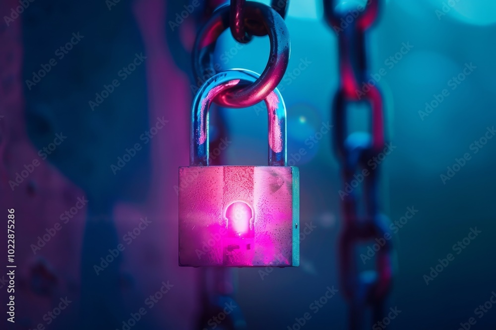 Aufkleber a vibrant padlock hangs from a chain, illuminated by a mesmerizing glow. the combination of colors c