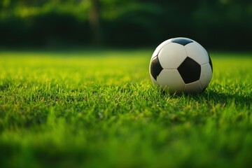 Dynamic shot of a soccer ball resting on vibrant green grass in a sunny field setting