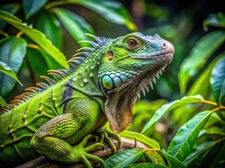 Fototapeta premium Vibrant Green Iguana Resting on Branch Surrounded by Lush Foliage in Tropical Environment