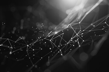 An intricate design features glowing lines and dots arranged in a complex web, symbolizing advanced technology, connectivity, and digital communication in a dark environment.