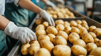 Potato sorting process in factory, workers handling produce