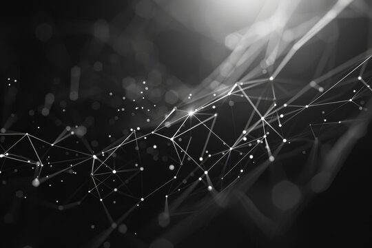 An intricate design features glowing lines and dots arranged in a complex web, symbolizing advanced technology, connectivity, and digital communication in a dark environment.