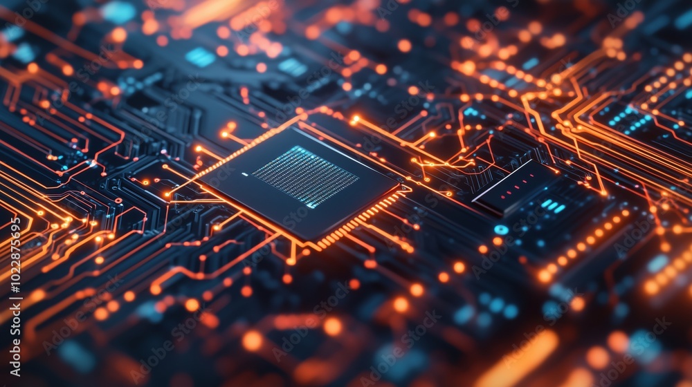 Poster circuit board with glowing microchip and intricate pathways
