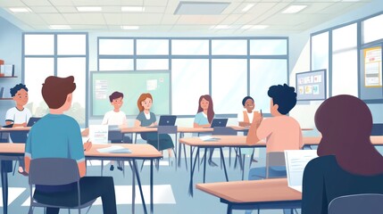 Fototapeta premium A classroom scene with students engaged in a discussion using laptops.