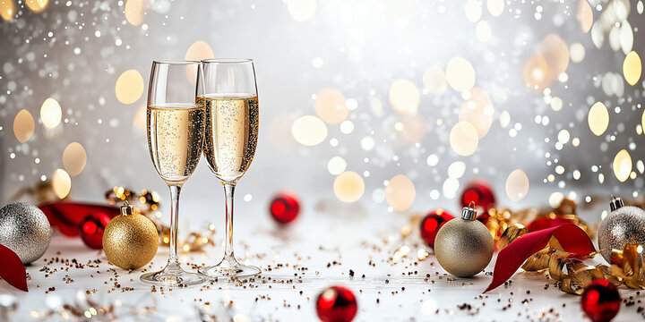 Two glasses of sparkling champagne at Christmas and New year event, Christmas decoration dinner table.