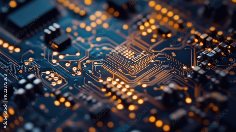 Poster circuit board close-up with intricate patterns and lights