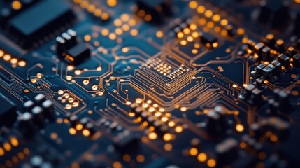 Obraz premium Circuit board close-up with intricate patterns and lights
