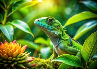 Fototapeta premium Vibrant Green Lizard on Tropical Hawaiian Landscape Amidst Lush Foliage and Exotic Flora
