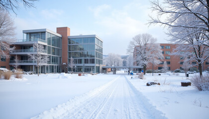 Snowy University Campus with Modern Buildings in Winter