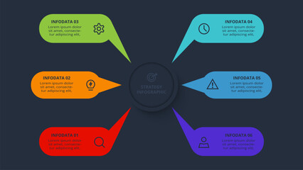 Strategy concept for infographic with 6 steps, options, parts or processes. Template for web on a black background.