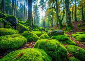 Vibrant green moss covering ancient stones in a tranquil forest setting during early morning light