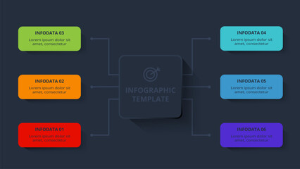 Strategy concept for infographic with 6 steps, options, parts or processes. Template for web on a black background.