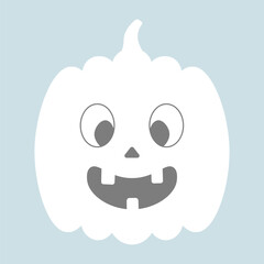 Pumpkin. White silhouette. Smiling grimace with teeth. Vector illustration. Isolated blue background. Flat style. Faded toothy vegetable. Halloween symbol. Idea for web design