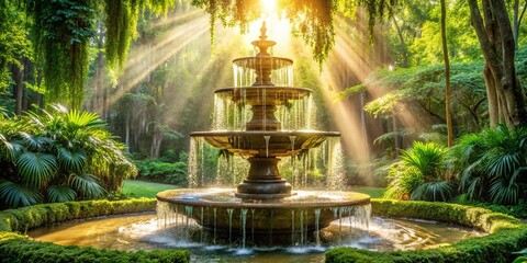 A serene fountain in a lush garden bathed in the golden rays of the morning sun, creating an ethereal atmosphere of tranquility and peace.