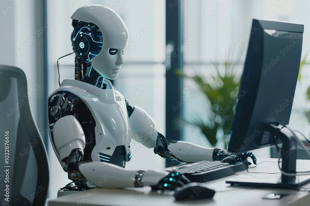 Poster a humanoid robot is actively engaging with a computer while seated at a contemporary office desk, hi