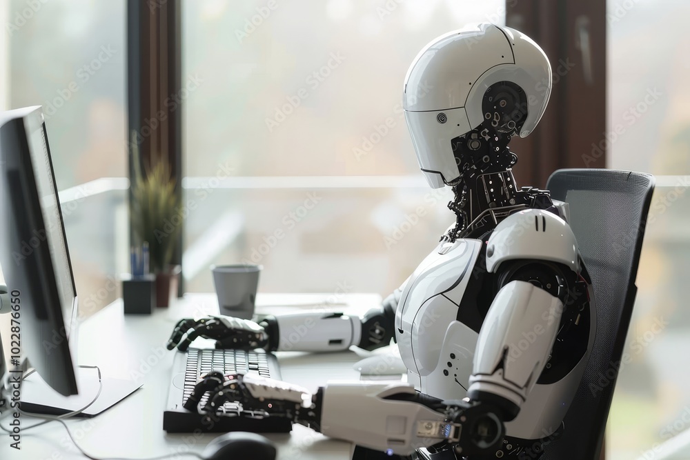 Poster a humanoid robot sits at a sleek office desk, typing on a keyboard while a computer screen displays 