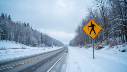 Snowy Road with Pedestrian Sign in Winter Landscape