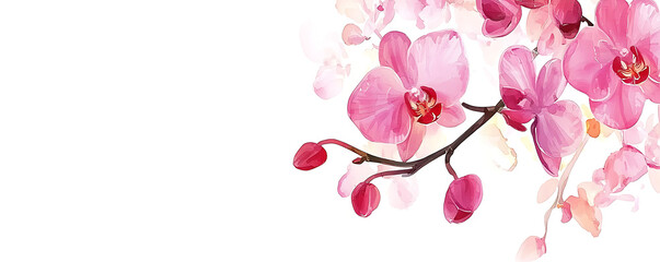 Fototapeta premium A delicate pink orchid branch with multiple blossoms is captured against a pure white background