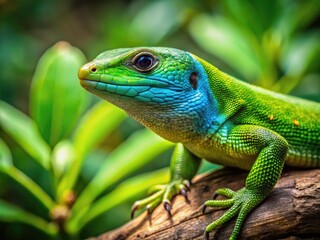Fototapeta premium Vibrant Green Skink Lizard on a Branch Surrounded by Lush Green Foliage in Natural Habitat