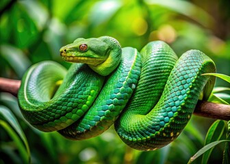 Fototapeta premium Vibrant Green Snake Coiled on Branch in Lush Tropical Environment Surrounded by Green Foliage