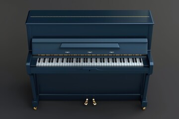 Classic blue upright piano with gold accents in a minimalist studio setting