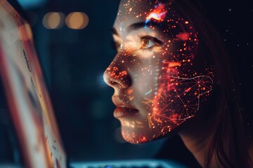 A woman stares intently at a glowing screen, her profile illuminated by intricate projections of stars and cosmic designs, creating a mesmerizing visual effect in low light.