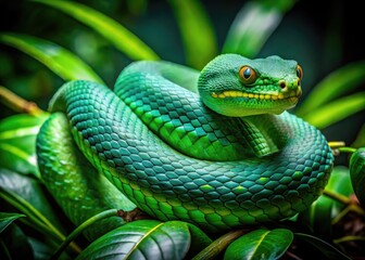 Fototapeta premium Vibrant Green Viper Snakes Coiled Amongst Lush Green Foliage in a Tropical Rainforest Environment