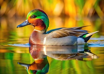 Fototapeta premium Vibrant Green Wing Duck Swimming Gracefully in a Serene Natural Habitat with Reflective Water Surface