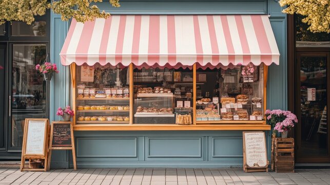 Bakery storefront with pink awning