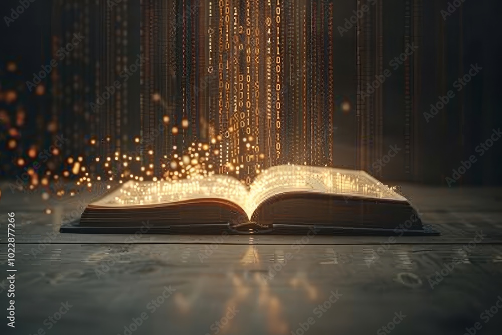 Poster a beautifully opened book emits a stream of luminous binary code, symbolizing the fusion of traditio
