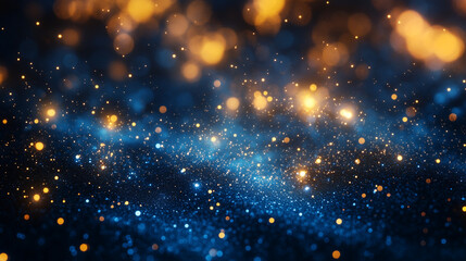 Fototapeta premium Abstract Floating Blue and Orange Particles in Dark Night Sky Glittering Glow