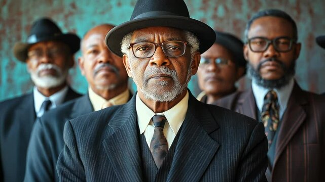 Group of distinguished elderly men dressed in vintage suits and hats, standing together with serious expressions. Classic style, leadership, and community for themes of tradition and dignity