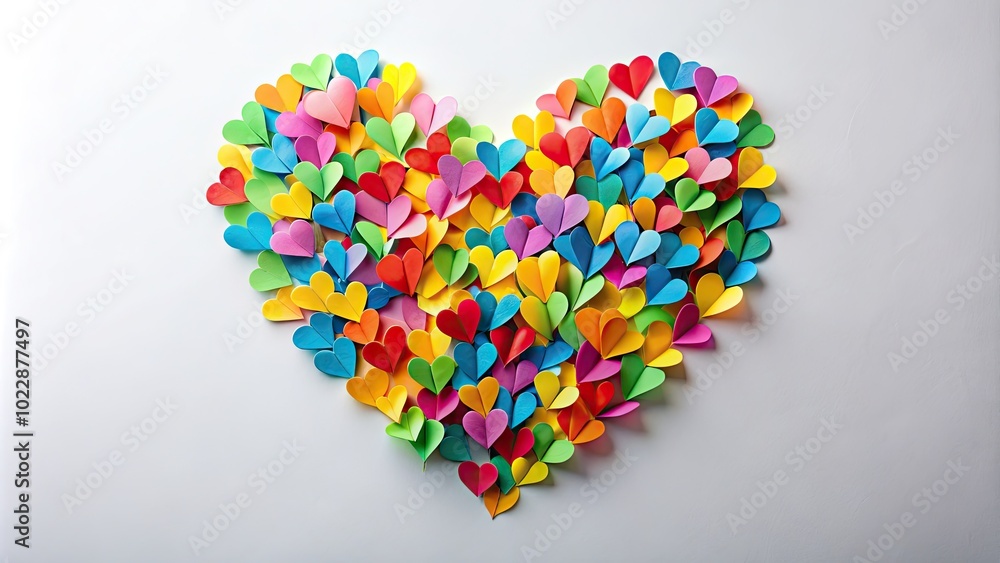 Poster vibrant heart shape created with colorful paper cutouts on a white background for design projects