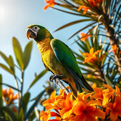 Obraz premium A colorful tropical parrot perched on a tree branch with exotic plants in the background