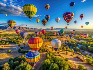Fototapeta premium Vibrant Hot Air Balloons Soaring Over New Mexico Landscape at Annual Festival Celebrating Flight