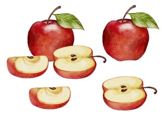 Red Apple, Watercolor Illustration On a white background. Ingredient for juice, mulled wine, recipes, charlotte, jam, preserves, compotes. Harvest in the garden. Printing typography, textiles
