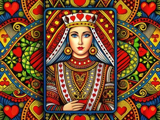 Obraz premium Vibrant illustration of a queen of hearts playing card with intricate designs and bold colors