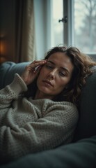Weary woman reclining on worn couch rubbing her eyes with soft diffused light from cloudy winter day