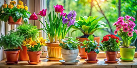 Vibrant Indoor Sill Pots with Green Plants and Blooming Flowers for Home Decor and Gardening Ideas