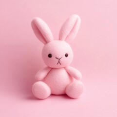 Obraz premium A pink rabbit sits on a pink background like a children's plush toy.