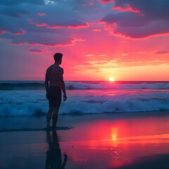 Fototapeta premium A magical sunset over the ocean with the sky painted in hues of pink orange and purple
