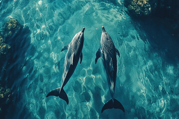 Obraz premium Two Dolphins Swimming in Clear Water 